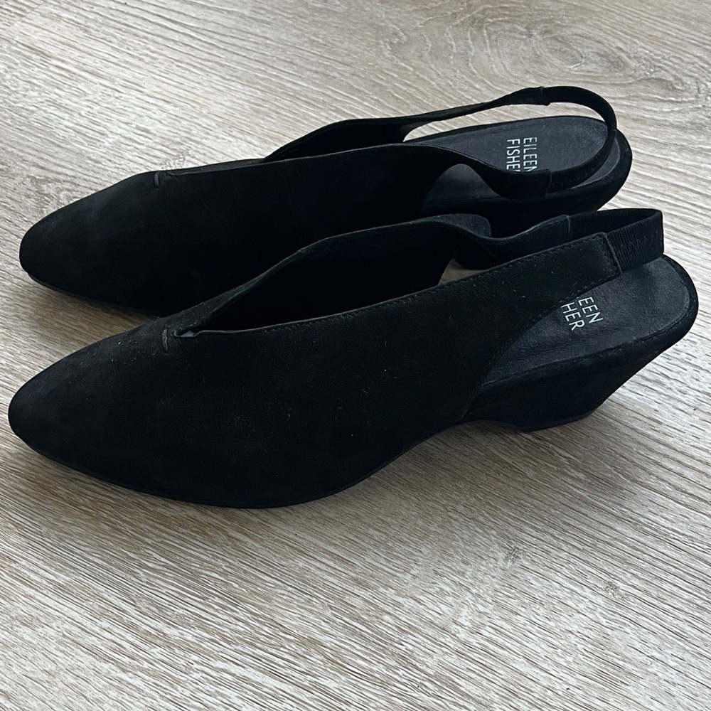 New - Eileen Fisher Gatwick Black Suede Slingback Wedge Heels